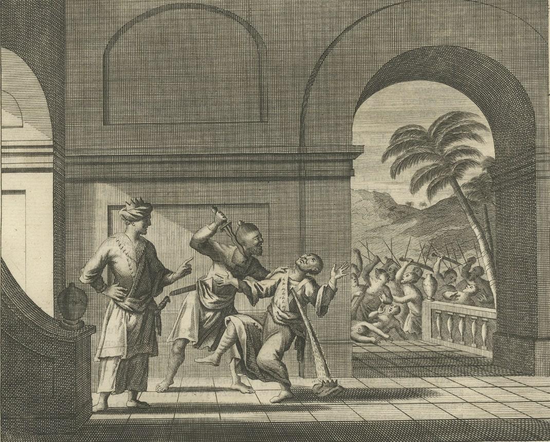 Antique Print of a Battle in Vidia Rajoe in India, 1726 For Sale