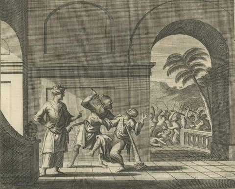 Antique Print of a Battle in Vidia Rajoe in India, 1726