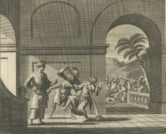 Antiker Druck einer Schlacht in Vidia Rajoe in Indien, 1726
