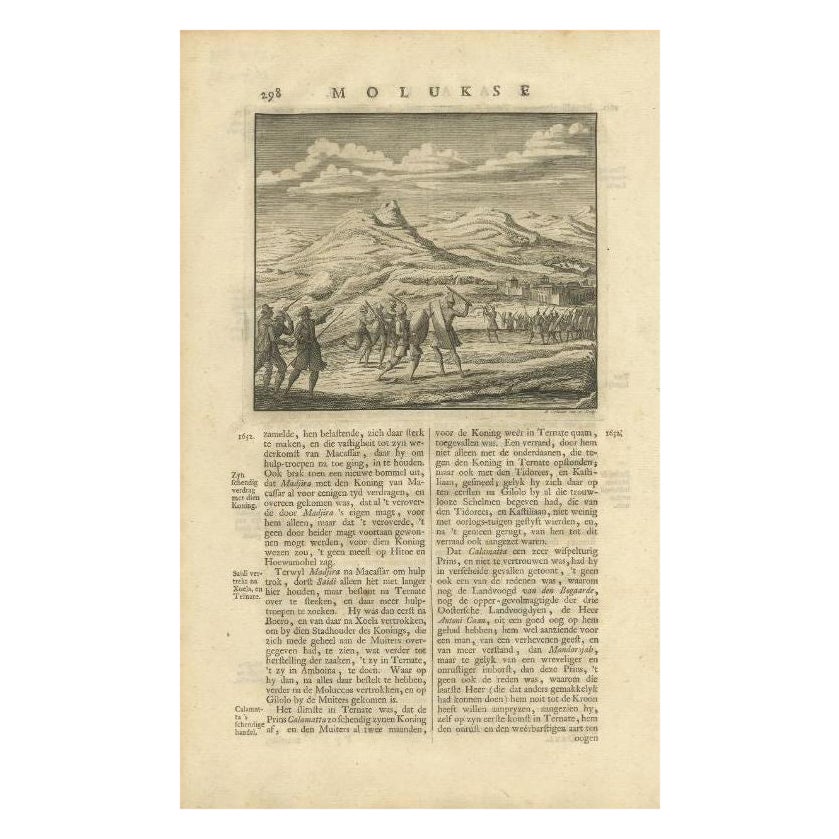 Impression ancienne d'une scène de bataille aux Moluccas, Indonésie, 1726