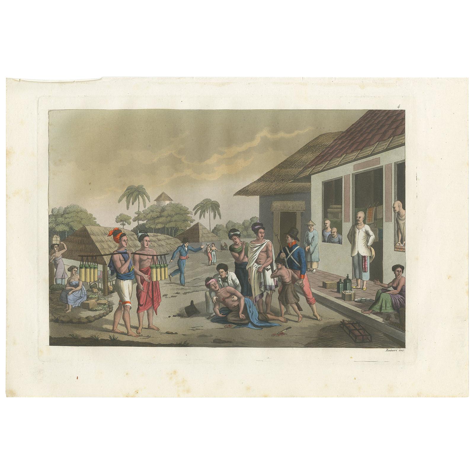 Impression ancienne d'un Bazaar à Kupang, East TImor, par Ferrario, '1831'