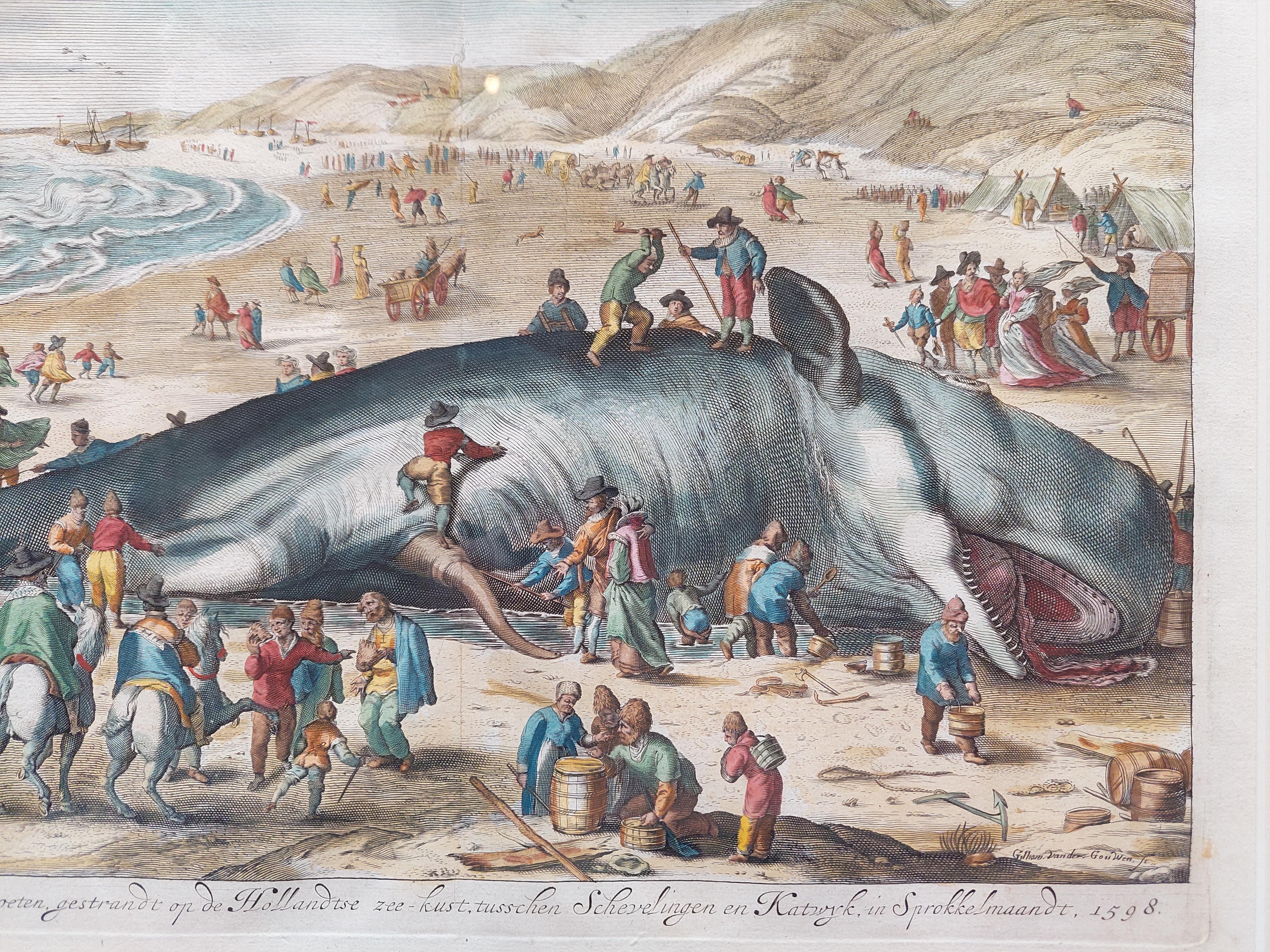 Gravure ancienne d'une baleine échouée par Van der Gouwen 'c.1680'. Bon état - En vente à Langweer, NL