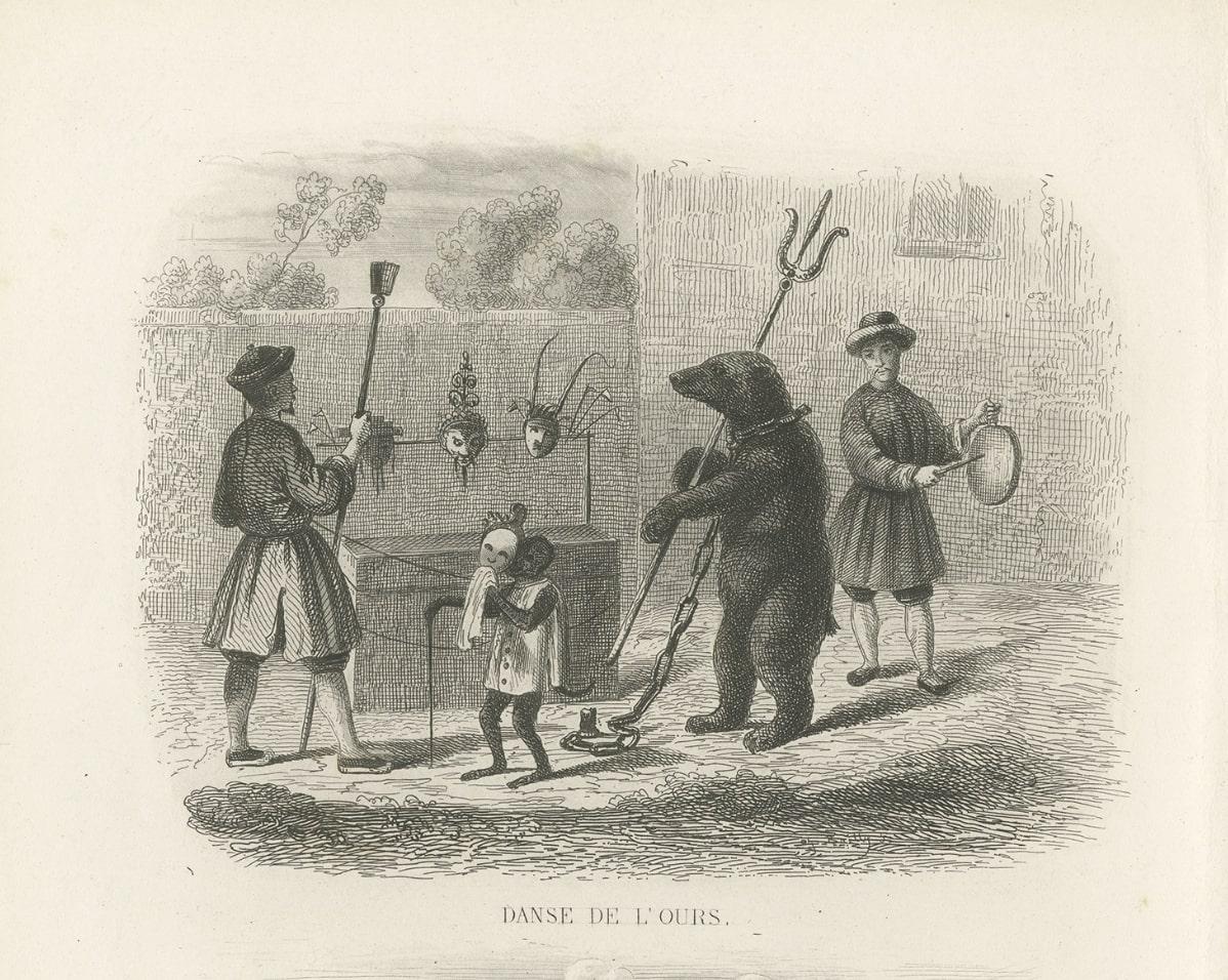 Antique Print of a Bear Dance and Magic Lantern in Guangzhou, China, 1859 In Good Condition In Langweer, NL