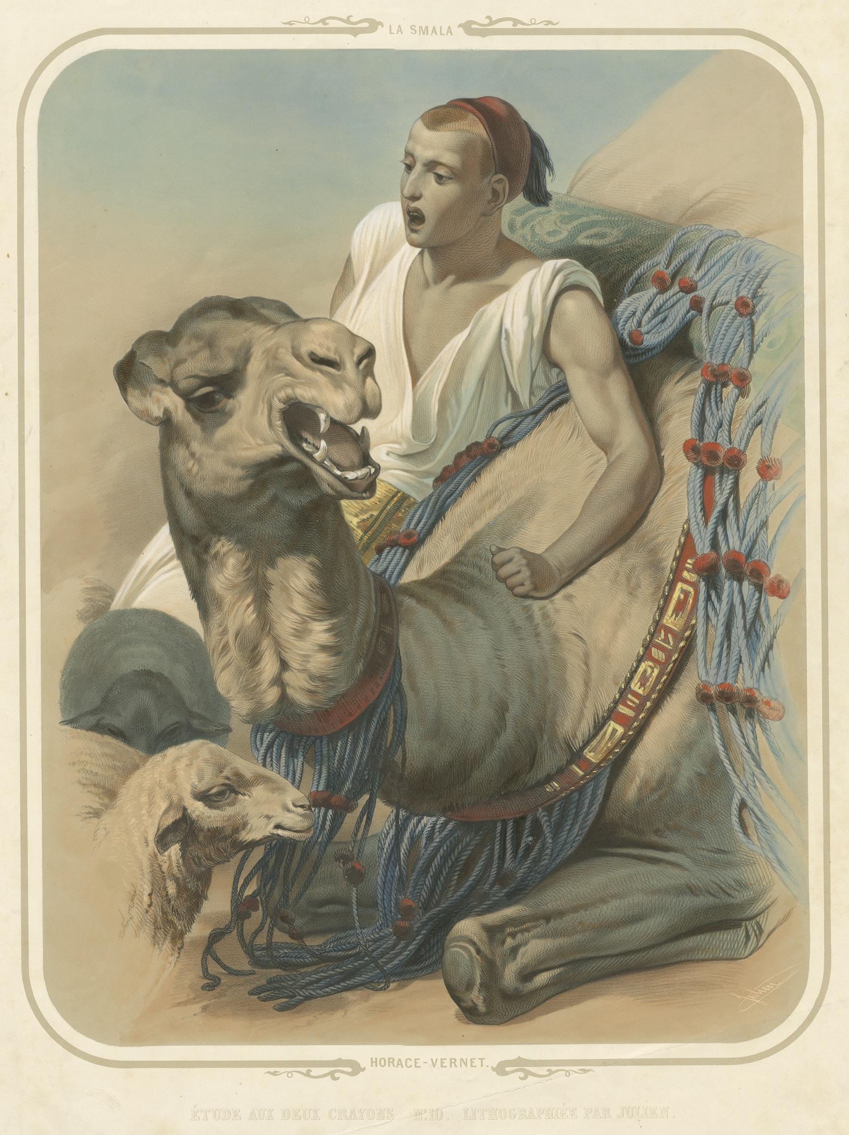 Antique print titled 'La Smala - Étude aux deux Crayons No. 10 Lithographiée par Julien'. Large lithograph of a Bedouin with a Fez and Camel. Originates from a series illustrating the Battle of the Smala, fought in 1843 between France and Algerian