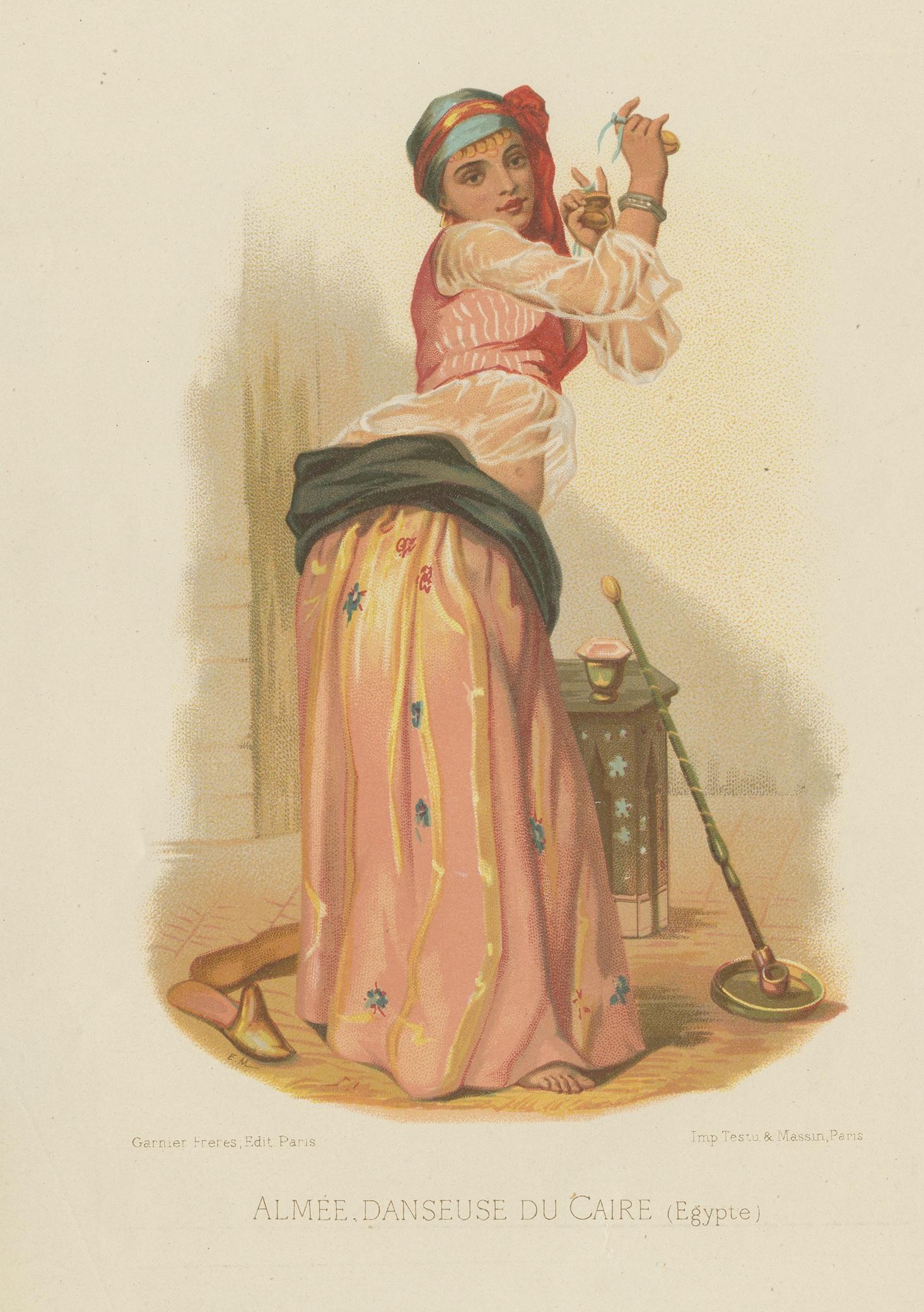 Antique print titled 'Almée, Danseuse du Caire (Egypte)'. Very decorative print of a belly dancer from Cairo, Egypt. This print originates from 'Geographie Generale (..) by Louis Gregoire.