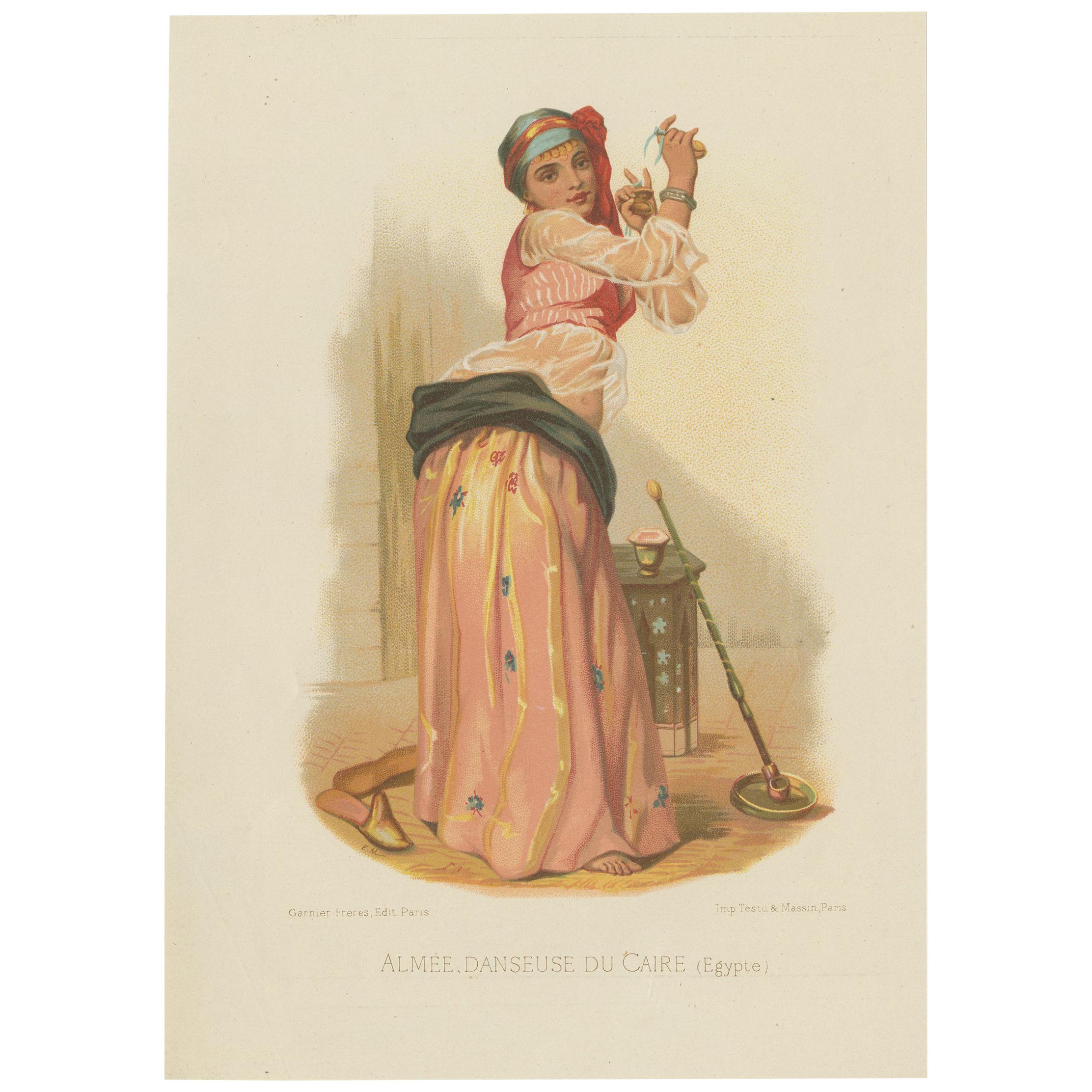 Gravure ancienne d'une danseuse du ventre du Caire par Grégoire:: 1876