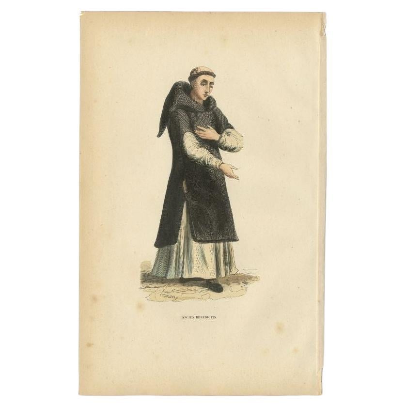 Antique print titled 'Ancien Bénédictin'. Print of a Benedictine. This print originates from 'Histoire et Costumes des Ordres Religieux'.

Artists and Engravers: Author: Abbé Tiron.

Condition: Good, general age-related toning. Minor wear and