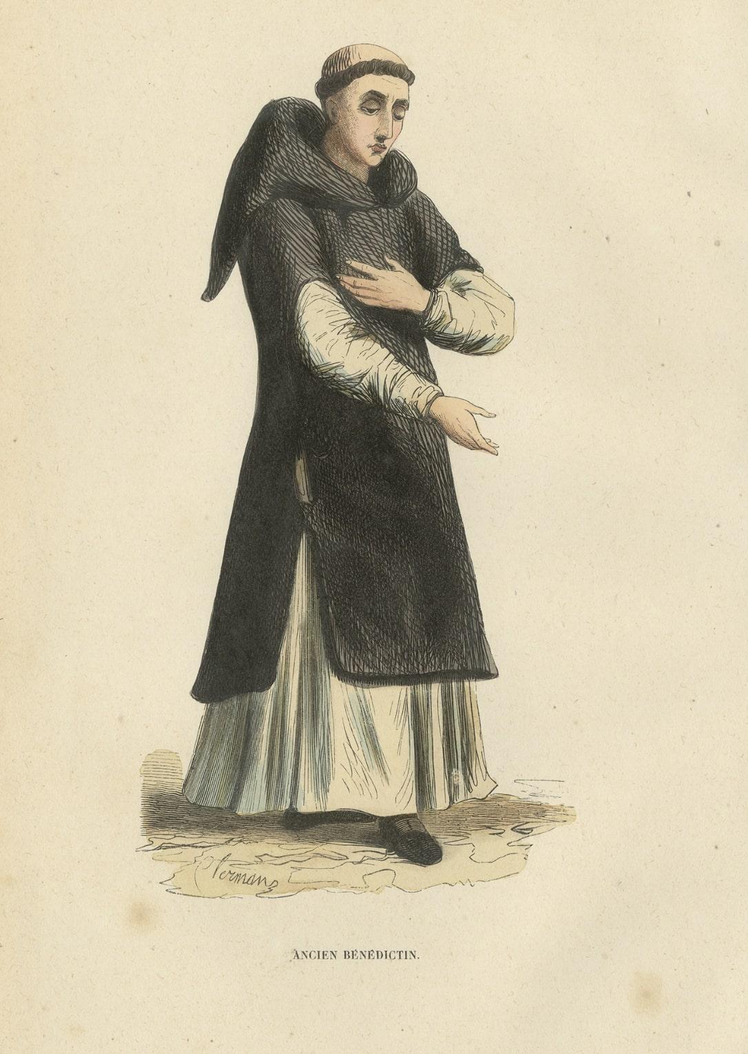 Grabado antiguo de un monje benedictino, 1845 Papel en venta