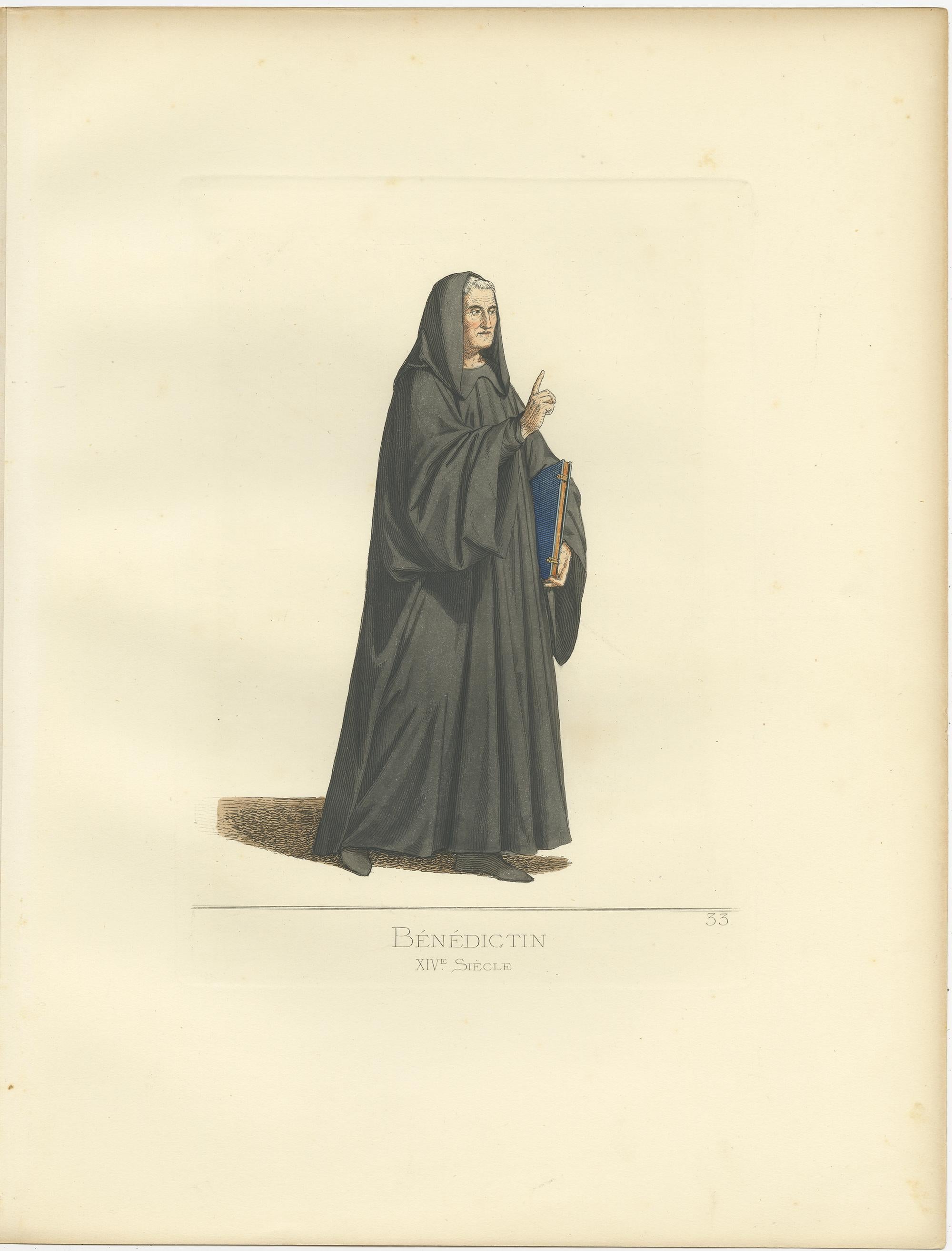 Antique print titled ‘Benedictin, XIVe Siecle.’ Original antique print of a Benedictine Monk. This print originates from 'Costumes historiques de femmes du XIII, XIV et XV siècle' by C. Bonnard. Published 1860.