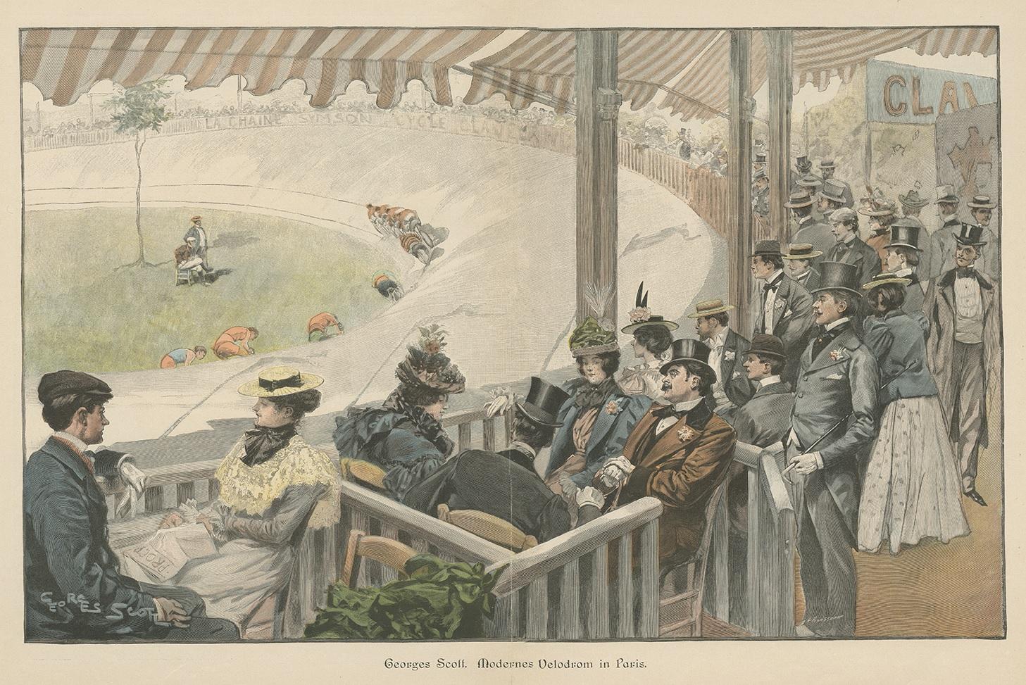 Antique print titled 'Georges Scott. Modernes Velodrom in Paris'. Wood engraving of a bicycle racing scene made after Georges Scott. Originates from a German magazine/journal titled 'Moderne Kunst'. German text and images on verso.