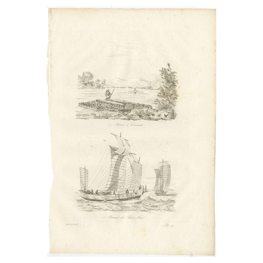 Antique Print of a Boat with Ducks and Jiaozhou Boats by Dumont d'Urville, 1834