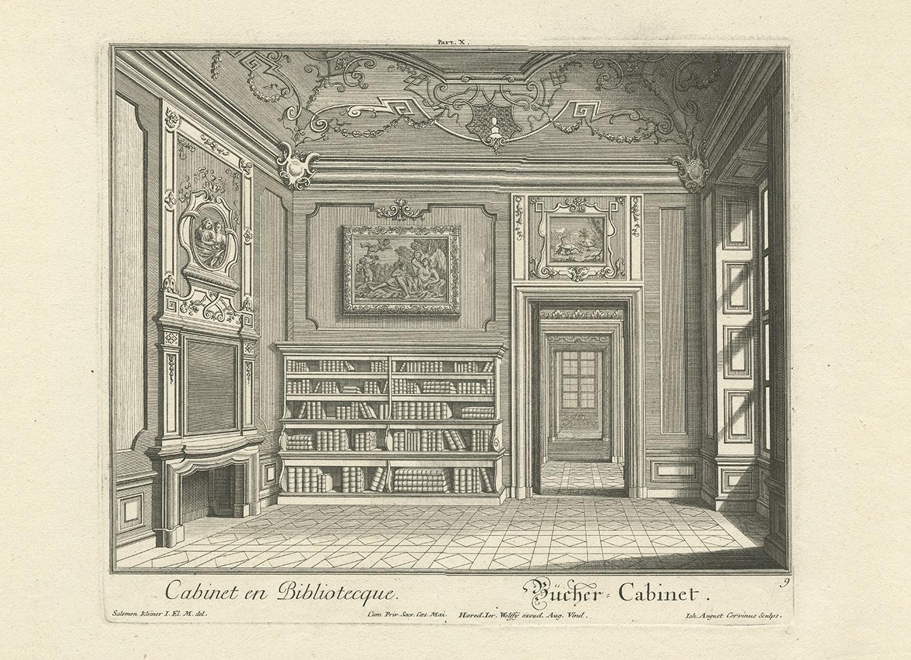 Paper Decorative Antique Print of a Book Cabinet and Library by Wolff '1740' For Sale