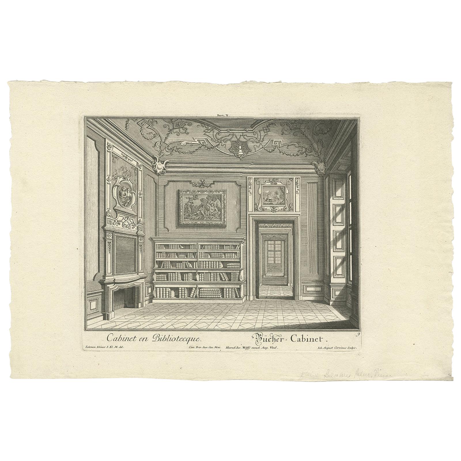 Decorative Antique Print of a Book Cabinet and Library by Wolff '1740' For Sale