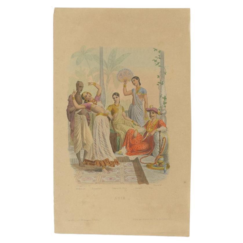 Antique print titled 'Brahmine - Bayadere - Femme du Raja - Esclave - Raja'. Lithograph of a Brahmin, dancer, Rajah, slave and wife of the Rajah. This print originates from 'Ge´ographie universelle de Malte-Brun, revue, rectifie´e et comple`tement