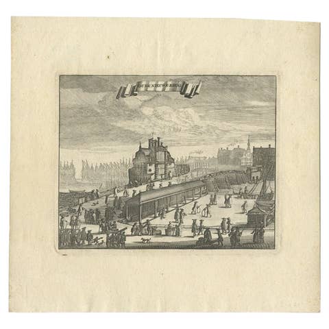 Antique Print of a Bridge in Amsterdam by Commelin, 1693