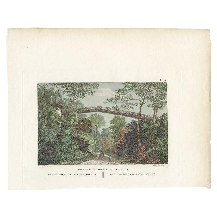 Impression ancienne d'un pont dans le parc de Roeulx en Belgique par Laborde, 1808