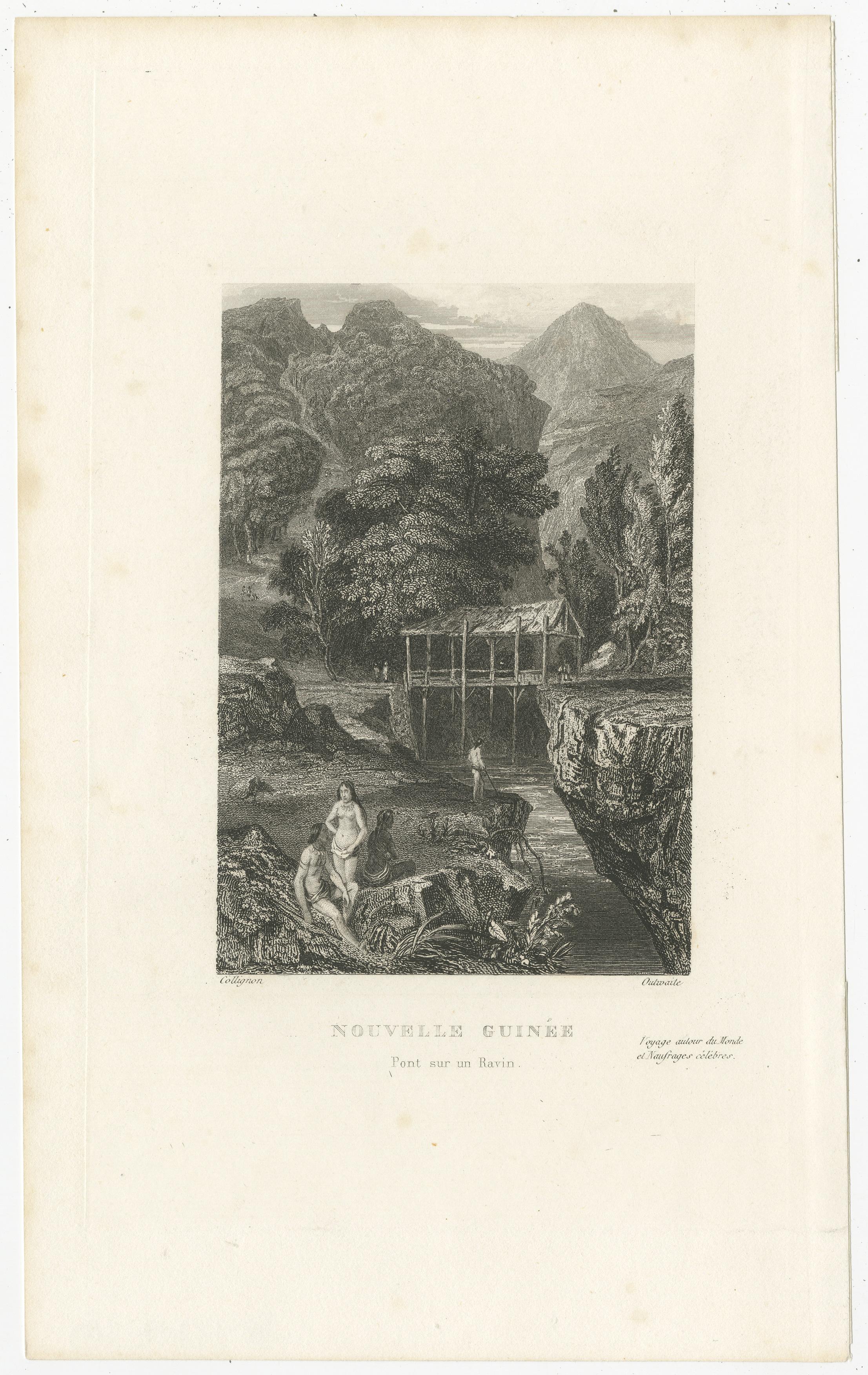 Antique print titled 'Nouvelle Guinée Pont sur un Ravin'. Original old print of a bridge over a ravine in New Guinea. Engraved by J. Outhwaite after J. Collignon. Published circa 1850.