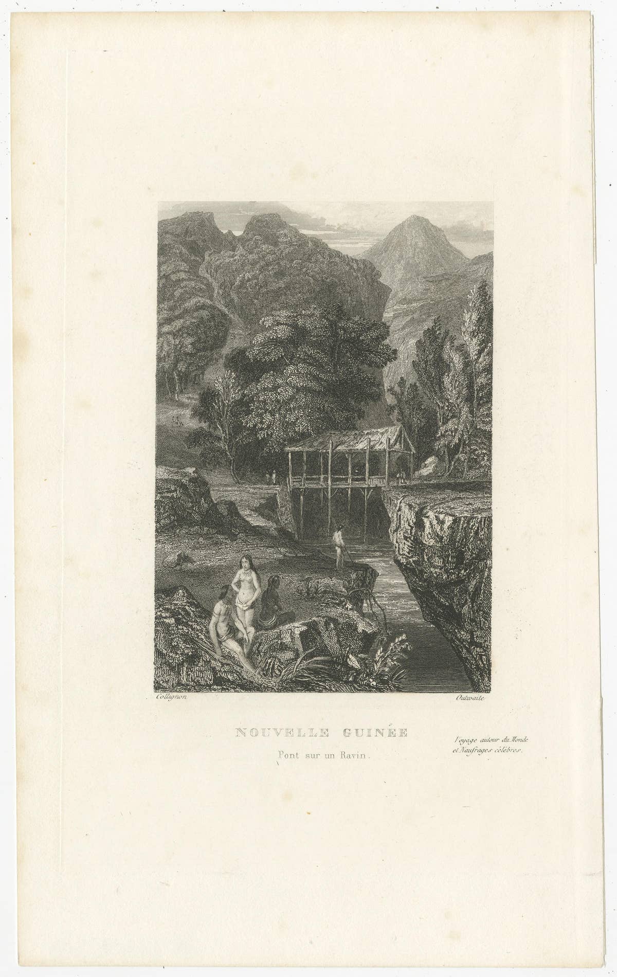 Antique Print of a Bridge over a Ravine in New Guinea