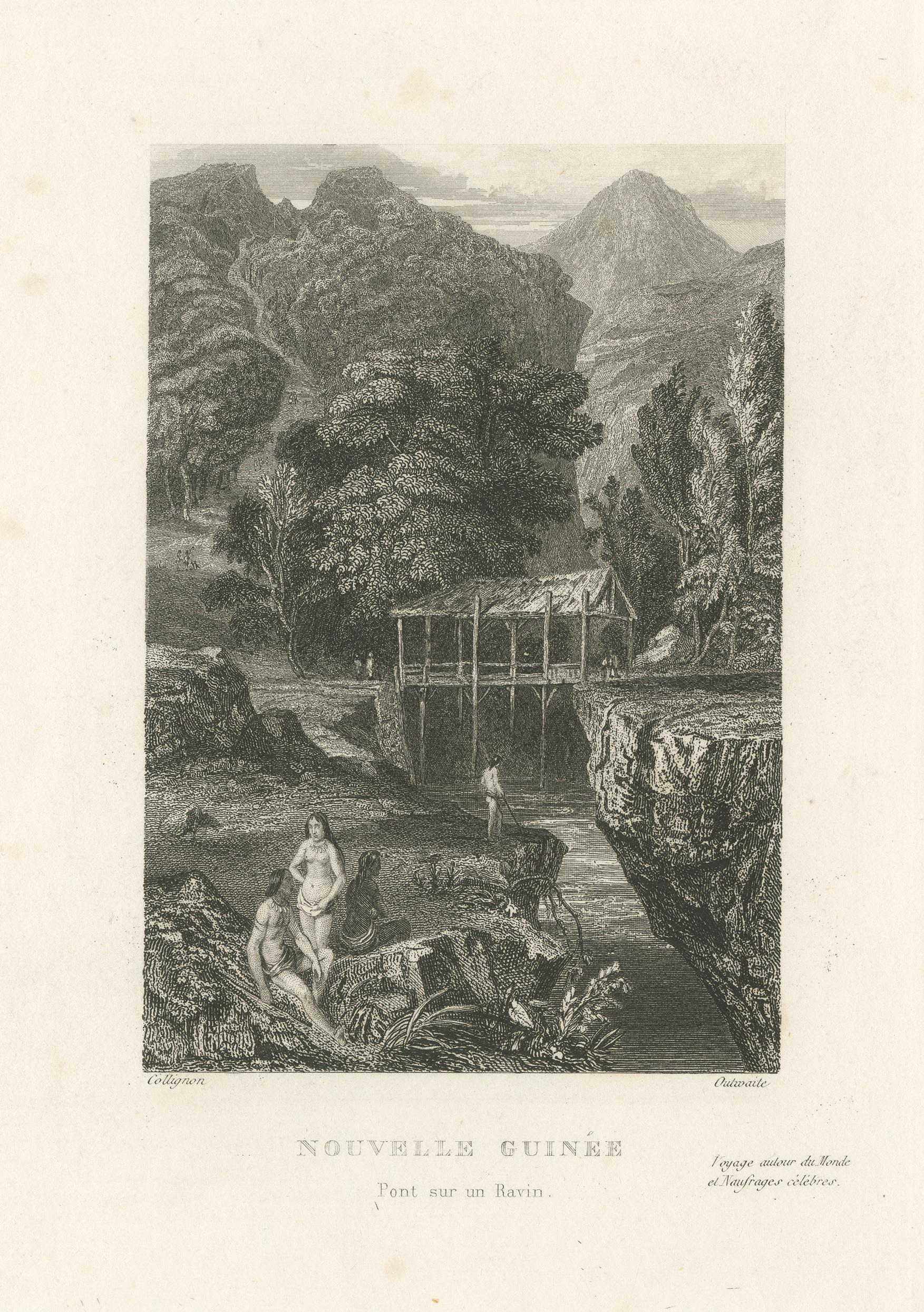 Antique Print of a Bridge over a Ravine in New Guinea In Good Condition For Sale In Langweer, NL