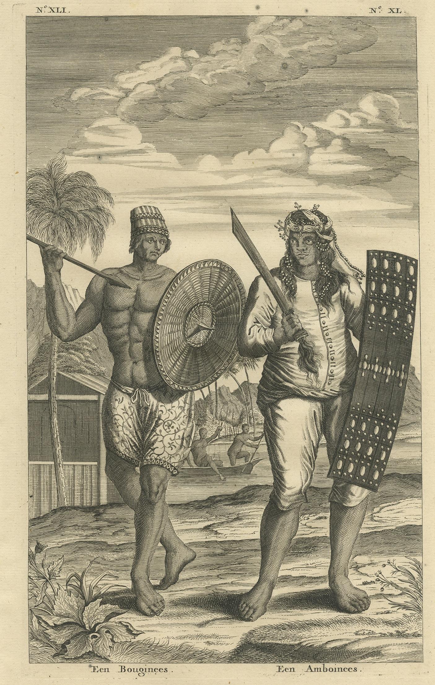 Antique print titled 'Een Bouginees - een Amboinees'. This plate shows a Buginese- and Ambonese Man. The Buginese people are an ethnic group - the most numerous of the three major linguistic and ethnic groups of South Sulawesi, in the southwestern