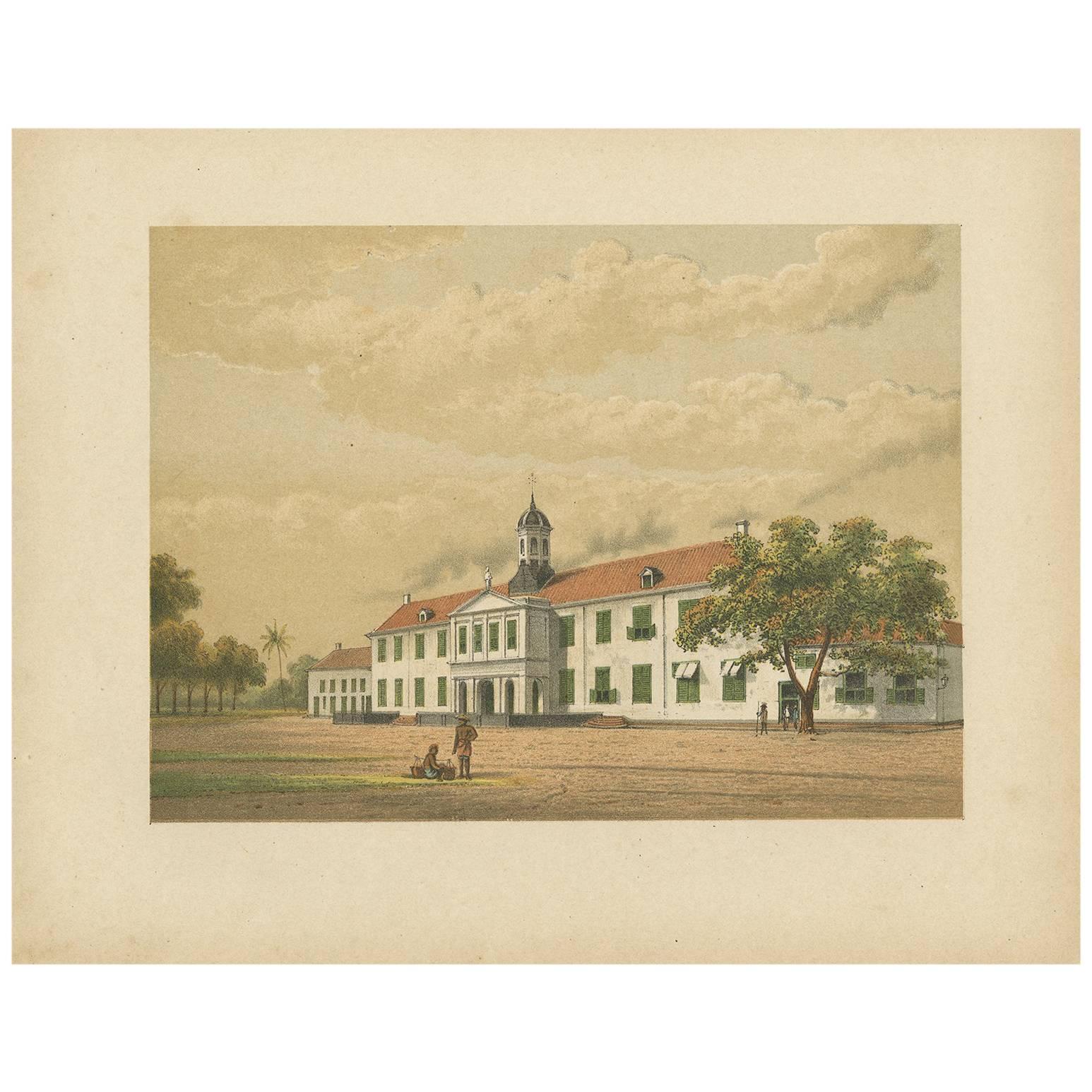 Antiker antiker Druck eines Gebäudes in Batavia, Indonesien, von M.T.H. Perelaer, 1888