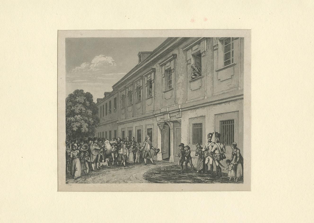 Antique print showing a building in Vienna, Austria. Depicted are soldiers, musicians, animals and other figures. Signed F. Hegi. This print includes a passé part out.