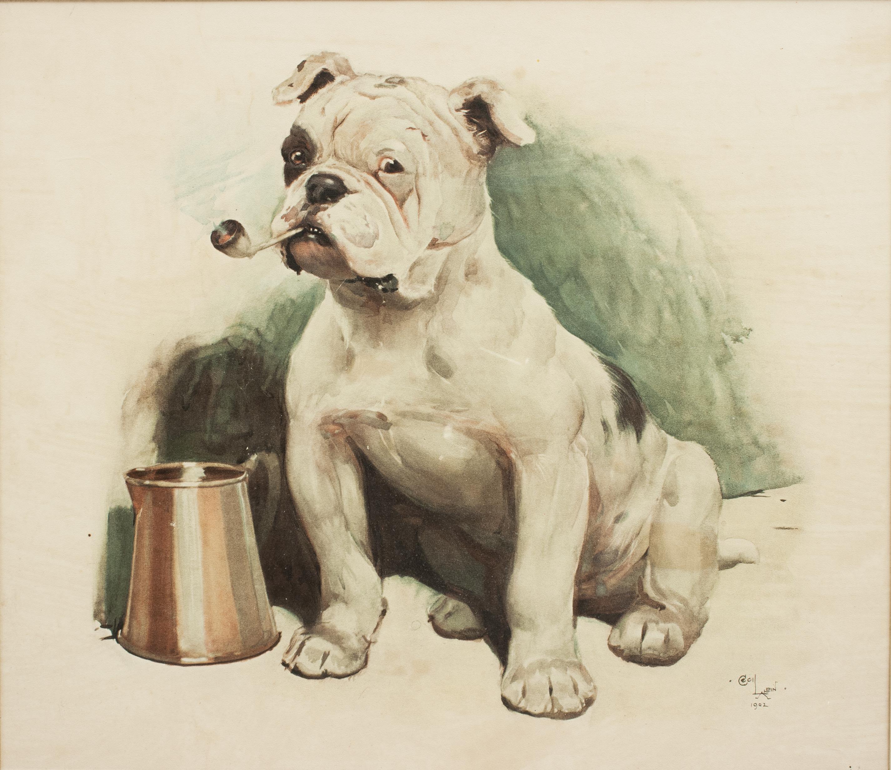 Cecil Aldin Dog Print, That's Bully.
A classic piece of Aldin's canine work, 'That's Bully'. A color lithograph with title and framed in period oak frame. 'Bully' Aldin's English bulldog can be seen standing in bold disobedience smoking a pipe next
