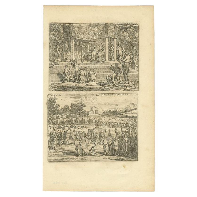 Antique Print of a Burial Ceremony, c.1730 For Sale