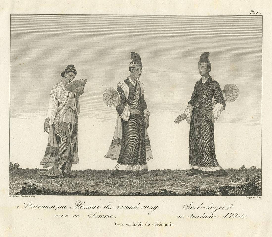 Antique Print of a Burmese Minister and Secretary by Symes, 1800