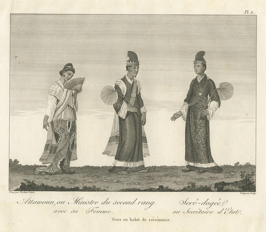 Antique Print of a Burmese Minister and Secretary by Symes, 1800 In Good Condition For Sale In Langweer, NL