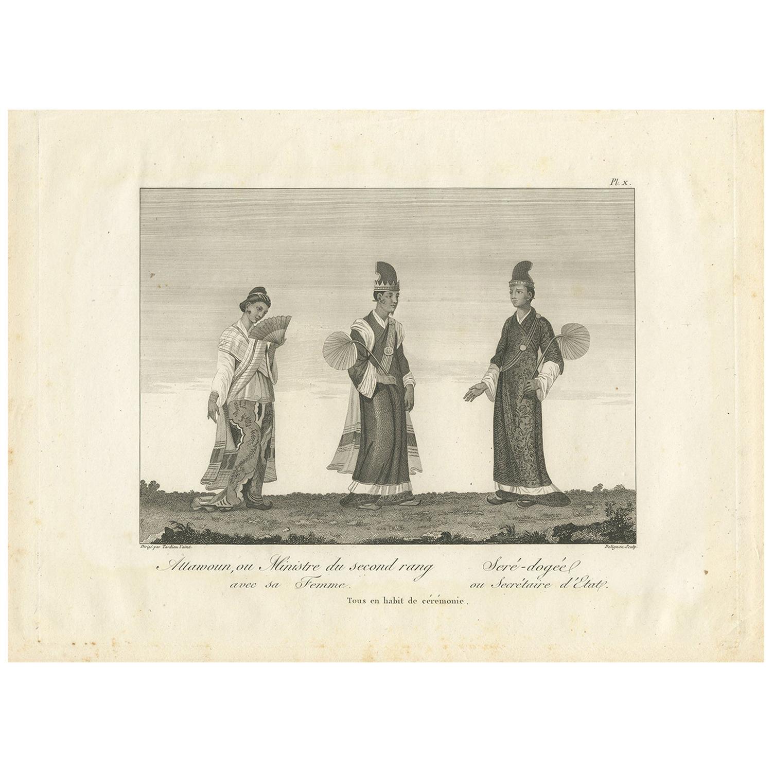 Antique Print of a Burmese Minister and Secretary by Symes, 1800 For Sale