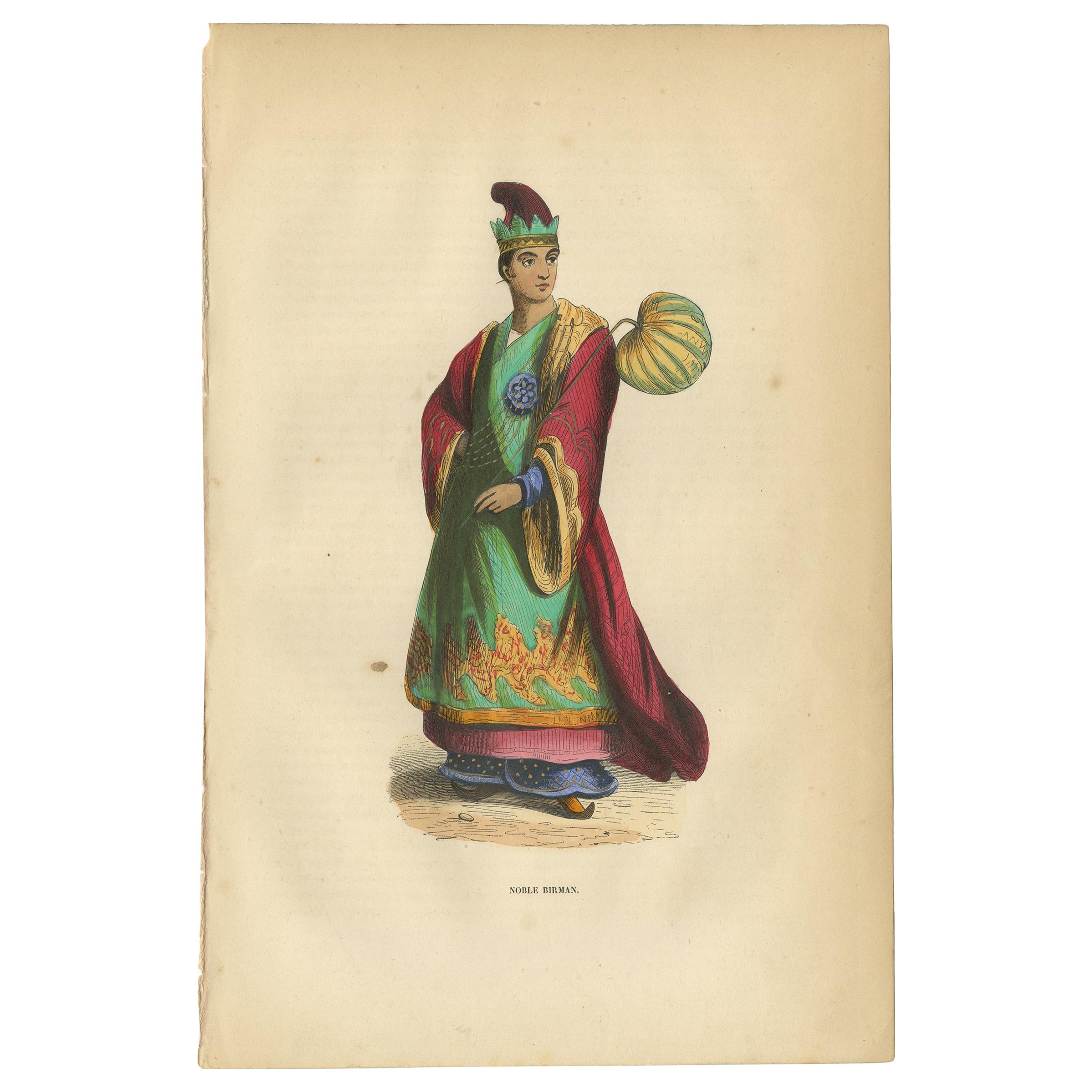 Grabado antiguo de un noble birmano por Wahlen, 1843