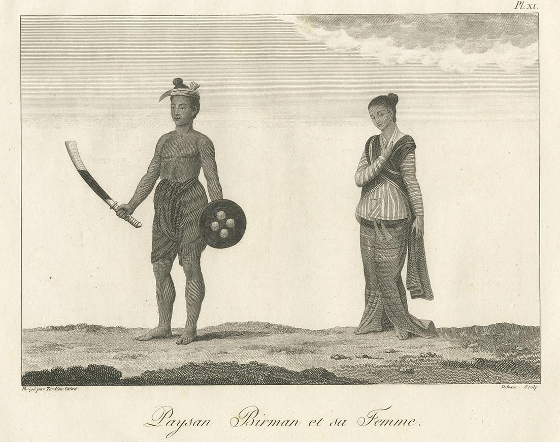 Antique print titled 'Paysan Birman et sa Femme'. Print of a Burmese peasant and his wife. This print originates from 'Relation de l'Ambassade Anglaise, envoyée en 1795 dans le Royaume d'Ava, ou l'Empire des Birmans' by M. Symes. Published 1800.