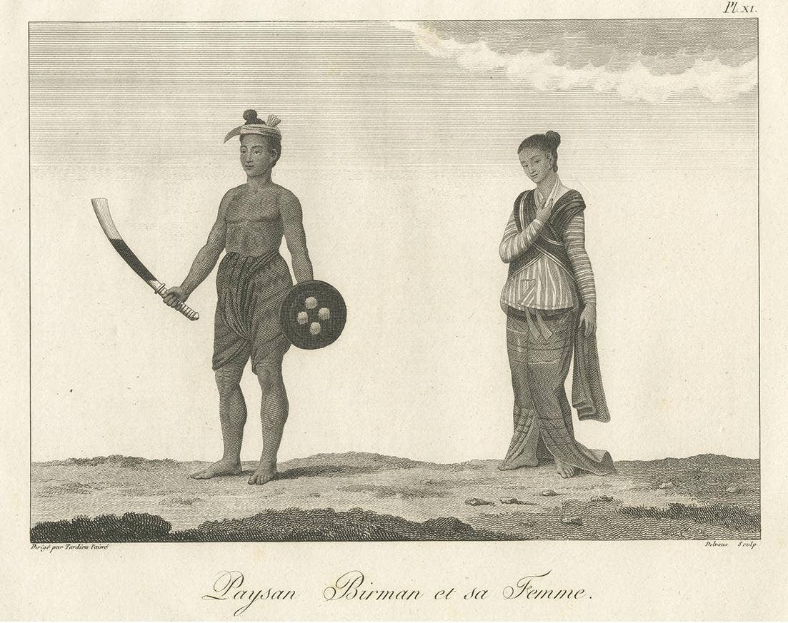 Antique Print of a Burmese Peasant and His Wife by Symes, 1800
