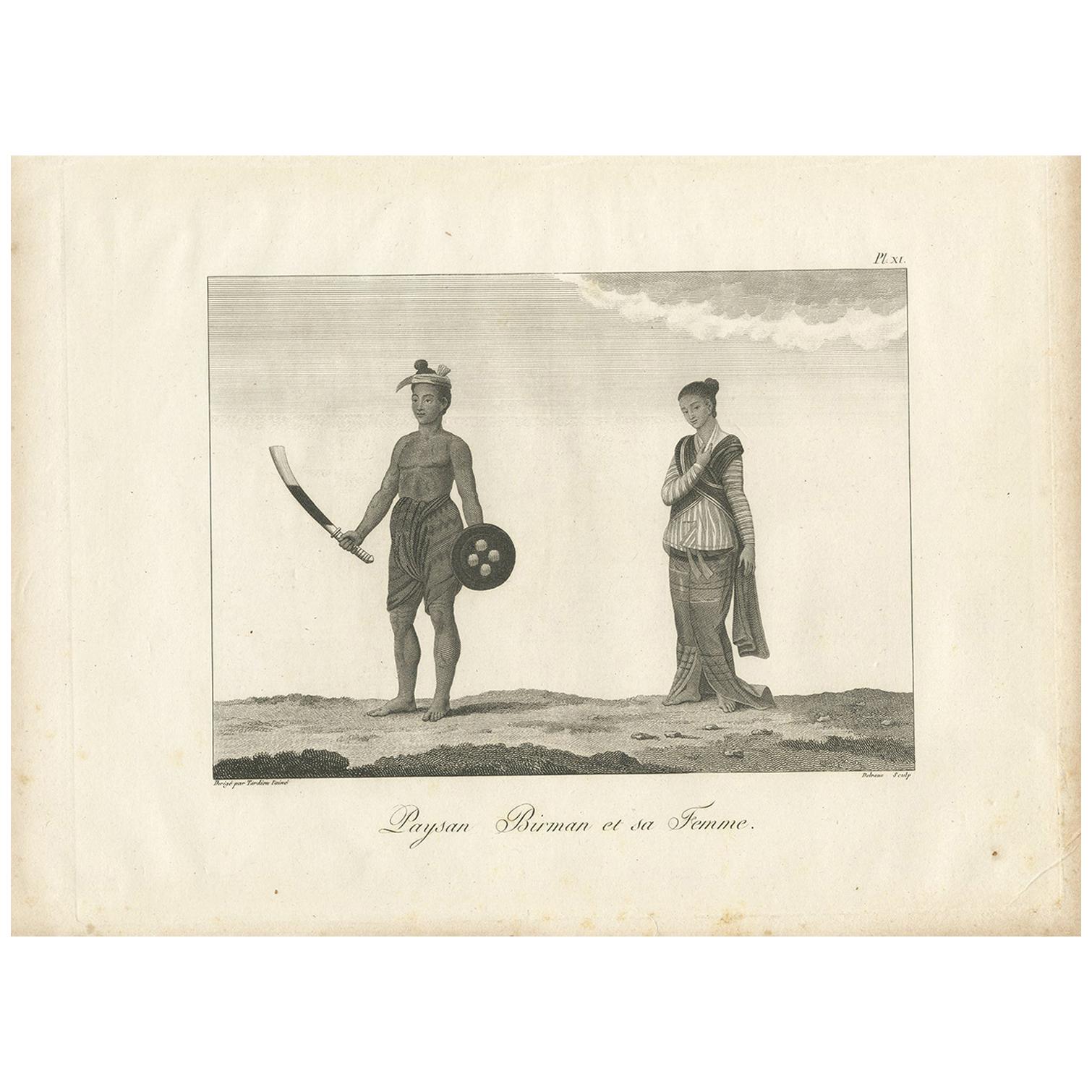 Antique Print of a Burmese Peasant and His Wife by Symes, 1800