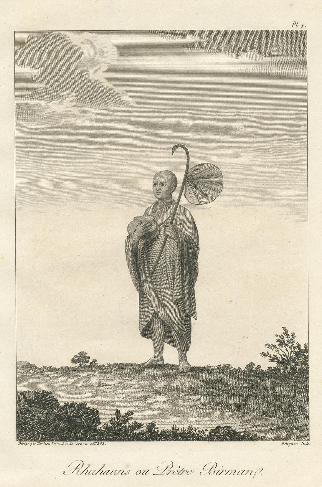 Antique print titled 'Rhahaans ou Prêtre Birman'. Print of a Burmese Priest. This print originates from 'Relation de l'Ambassade Anglaise, envoyée en 1795 dans le Royaume d'Ava, ou l'Empire des Birmans' by M. Symes. Published 1800.