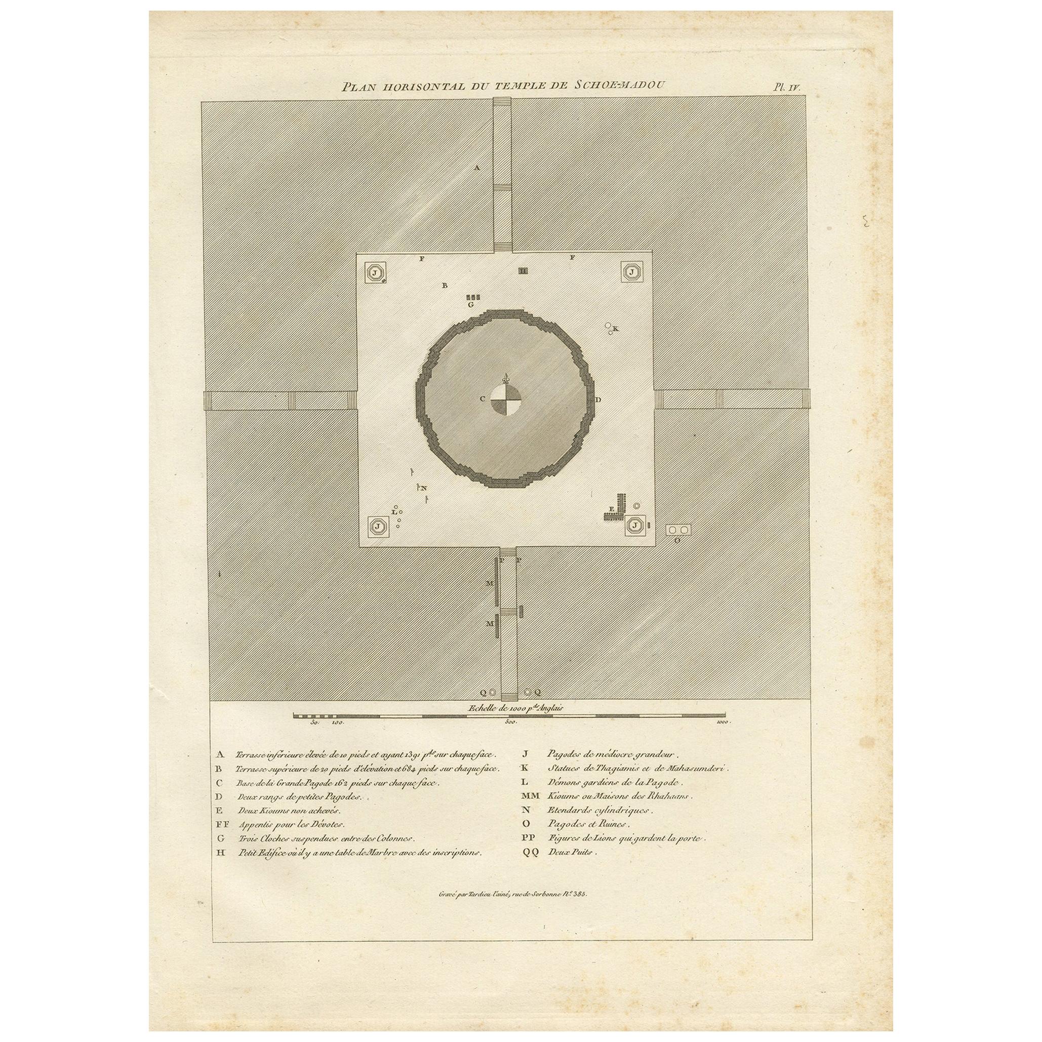 Gravure ancienne d'origine d'un temple birman, vers 1800