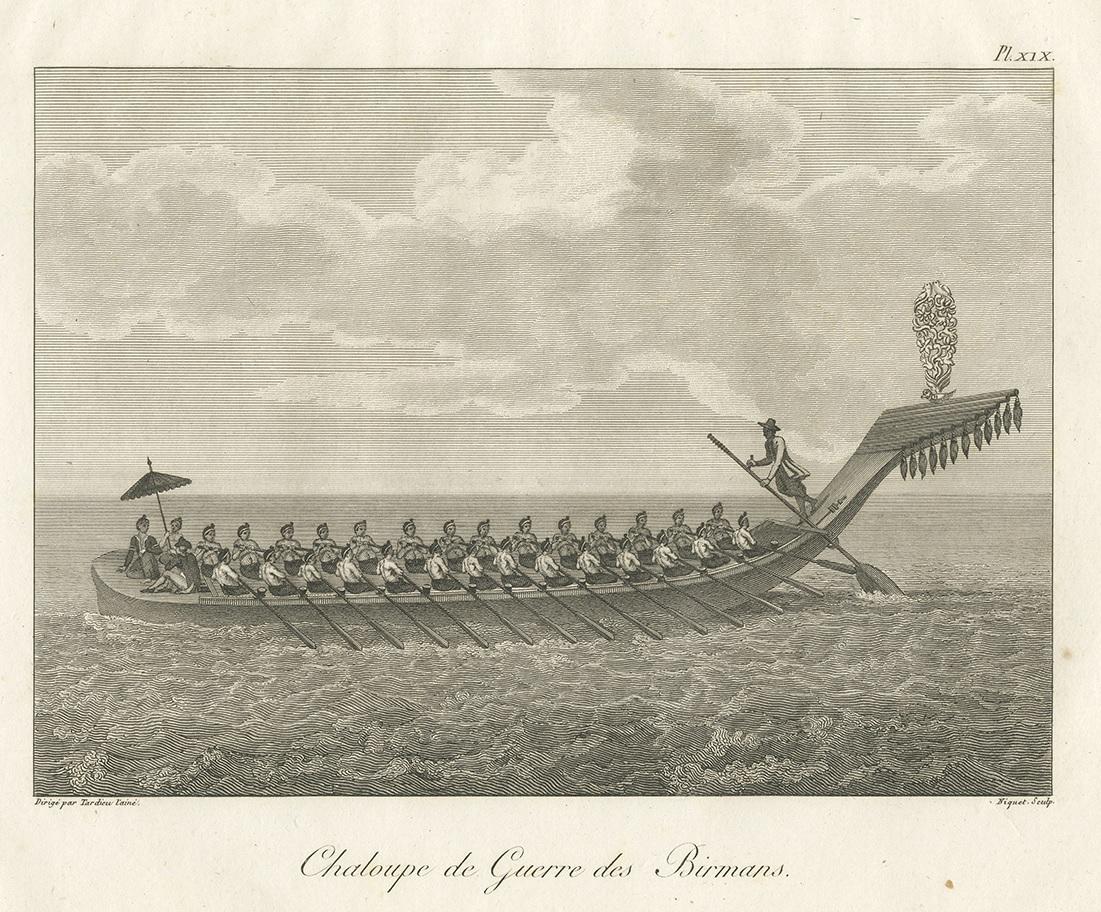Antique print titled 'Chaloupe de Guerre Birmans'. Print of a Burmese war boat. This print originates from 'Relation de l'Ambassade Anglaise, envoyée en 1795 dans le Royaume d'Ava, ou l'Empire des Birmans' by M. Symes. Published 1800.