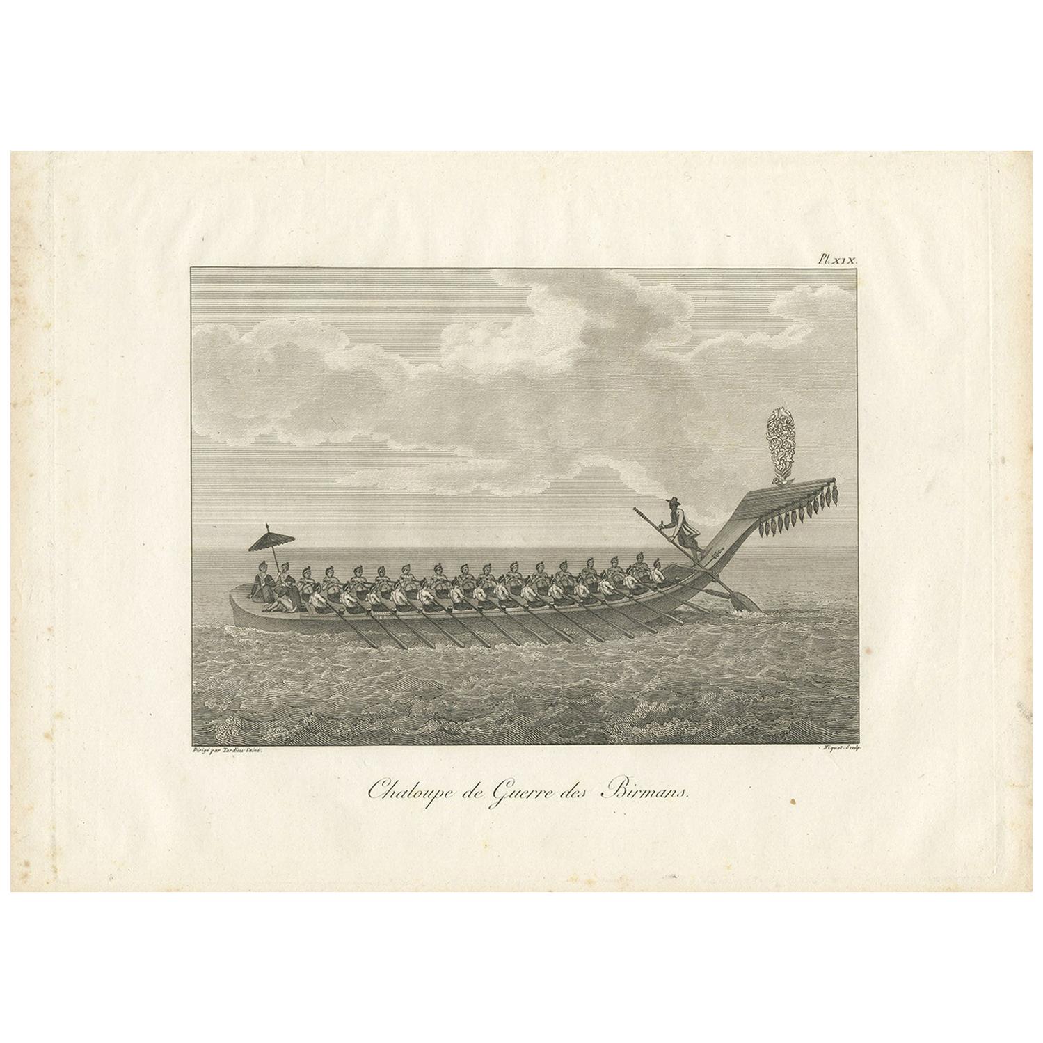 Antique Print of a Burmese War Boat by Symes '1800' For Sale