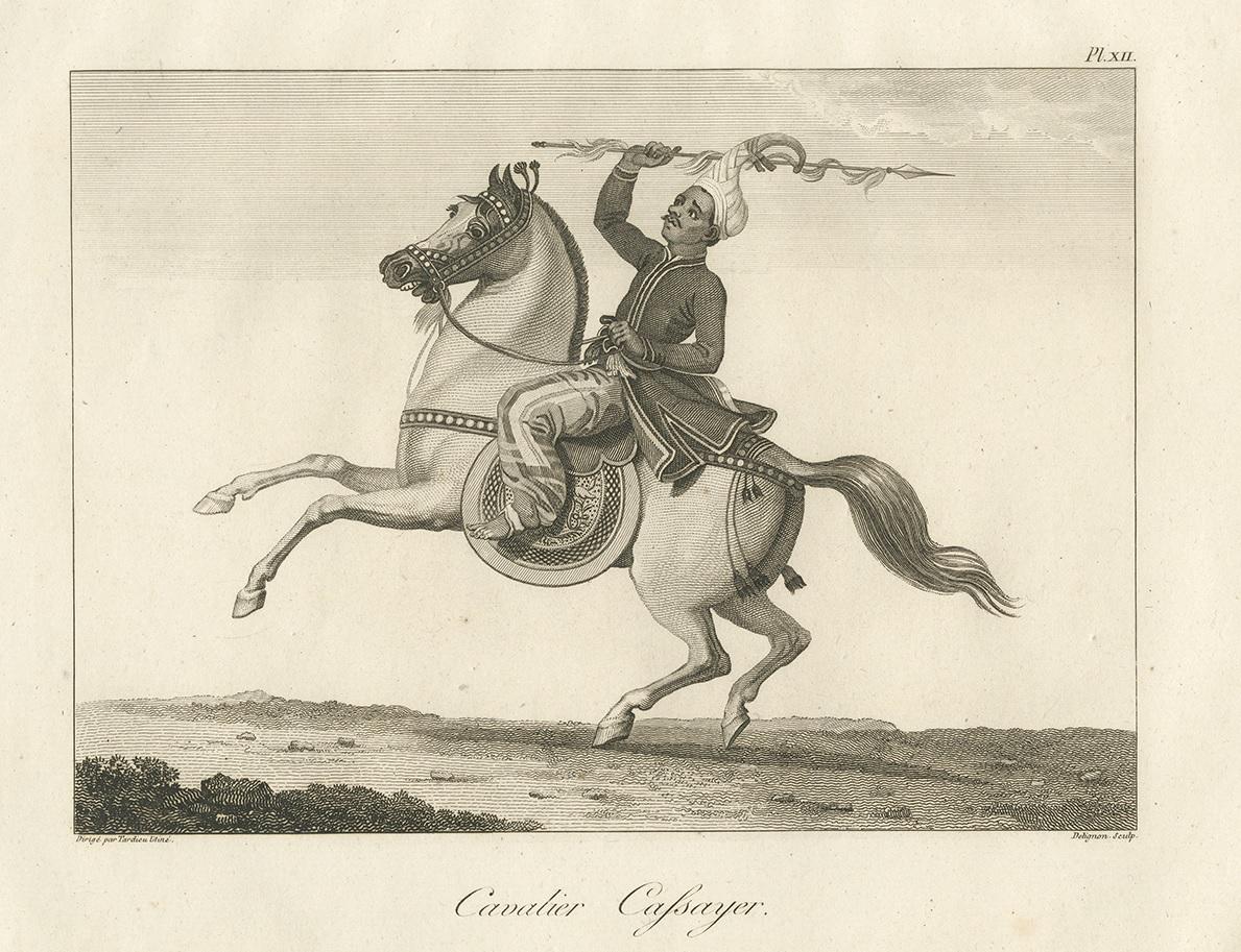 Antique print titled 'Cavalier Cassayer'. Print of a Burmese warrior. This print originates from 'Relation de l'Ambassade Anglaise, envoyée en 1795 dans le Royaume d'Ava, ou l'Empire des Birmans' by M. Symes. Published 1800.