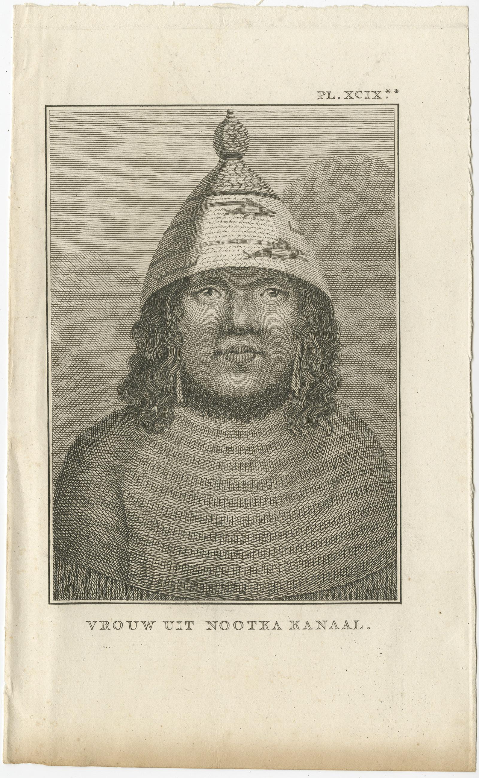 Description: Antique print titled 'Vrouw uit Nootka Kanaal'. 

Antique print depiciting a native of Nootka Channel, Canada. Originates from 'Reizen Rondom de Waereld door James Cook (..)'. 

Artists and Engravers: Translated by J.D. Pasteur.