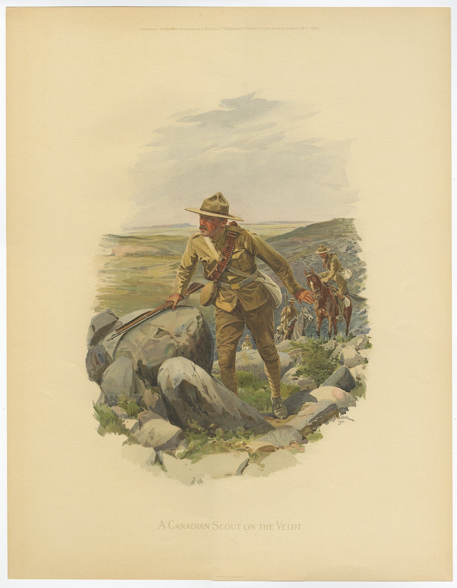 Antique print, titled: 'A Canadia Scout on the Veldt.' 

A Canadian military Scout on the Veldt in the South African Boer war. Published by Lawrence & Bullen in London 1902. Printed in Belgium.

Artists and Engravers: Made by an anonymous