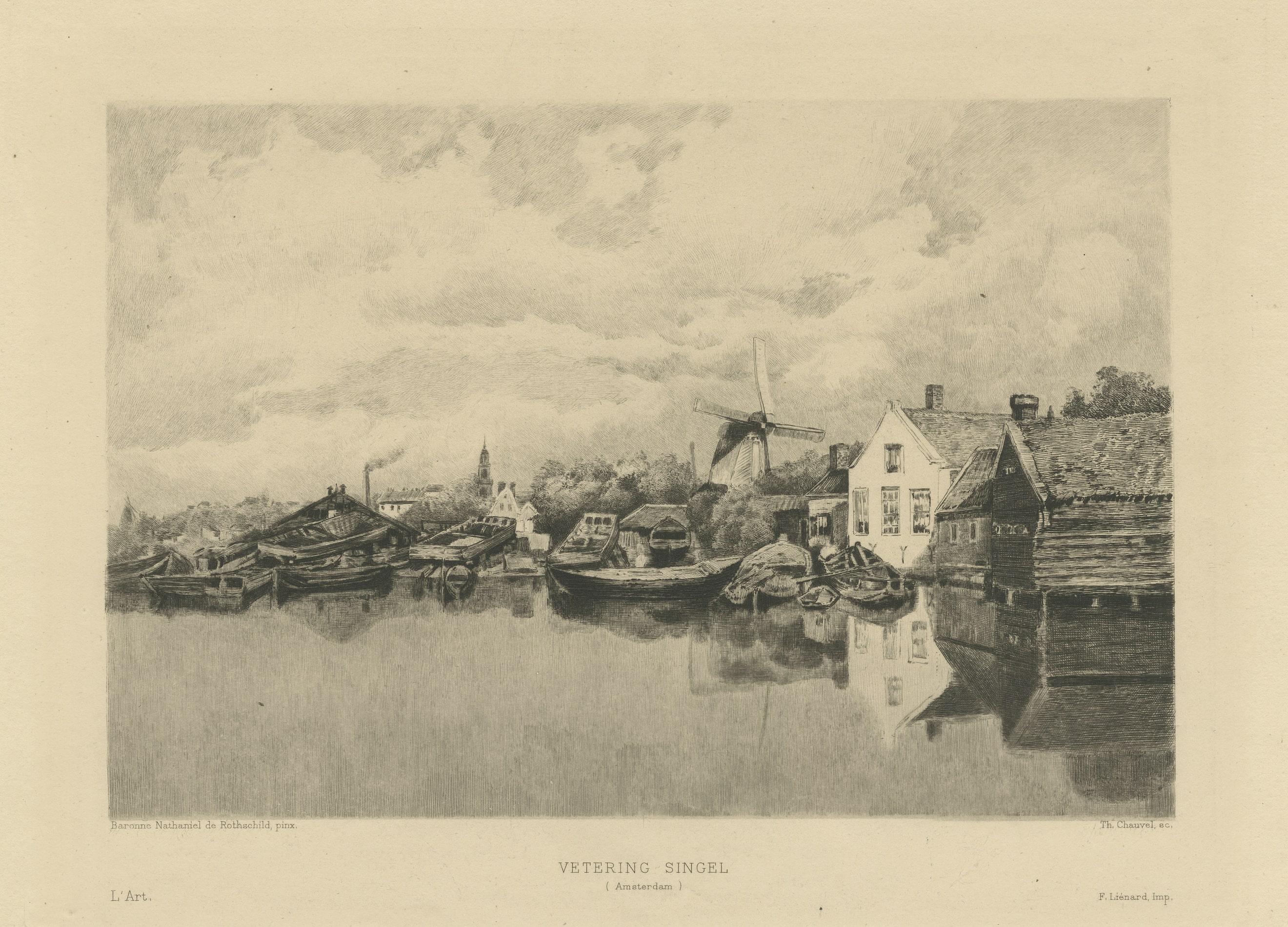 Antique print titled 'Vetering Singel (Amsterdam)'. View of a canal in Amsterdam, the Netherlands. Shows several houses, boats and a windmill. Engraved by Th. Chauvel after a painting by Baronne Nathaniel de Rothschild. Published circa 1875.