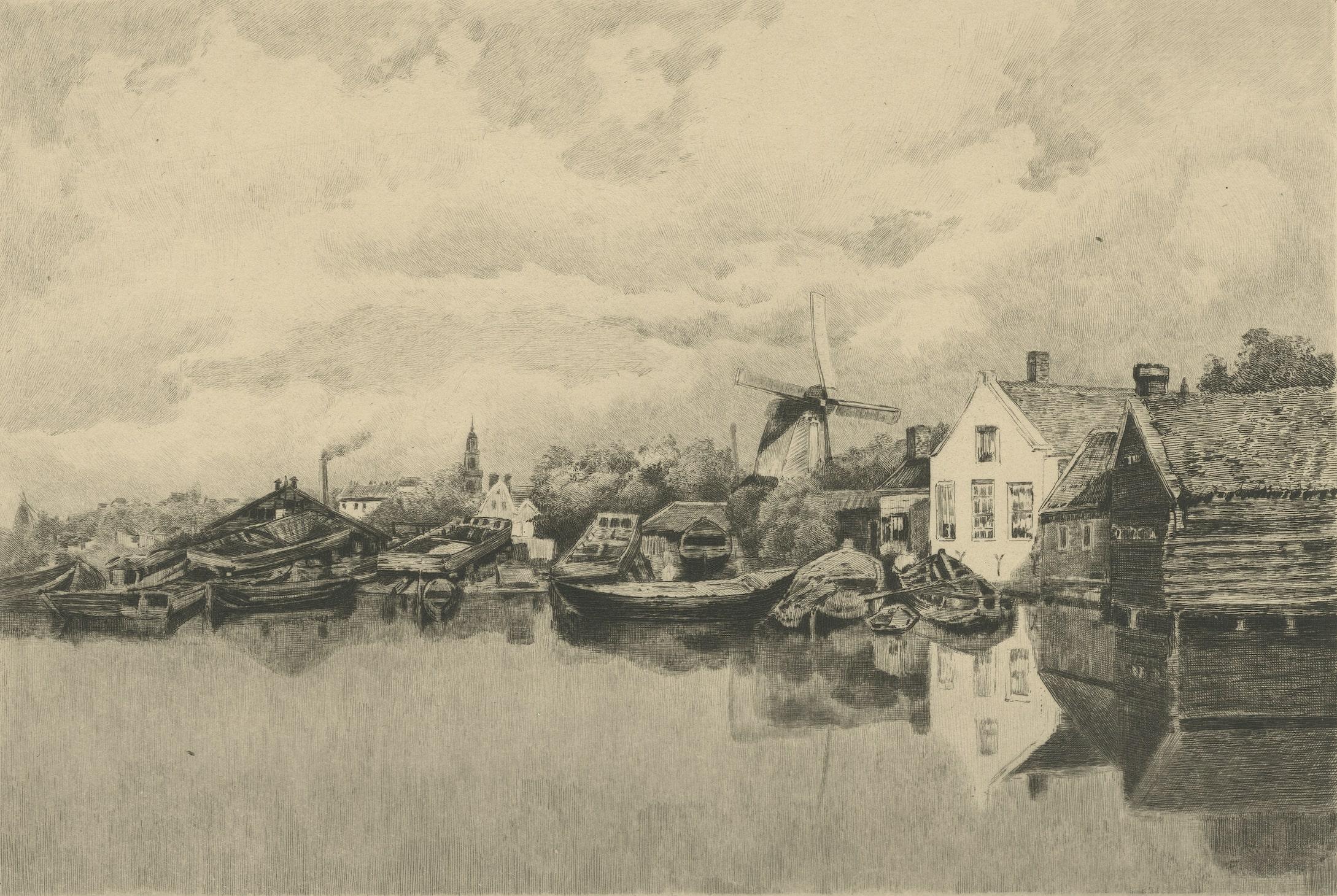 Antique Print of a Canal in Amsterdam with Houses, Boats and a Windmill In Good Condition For Sale In Langweer, NL