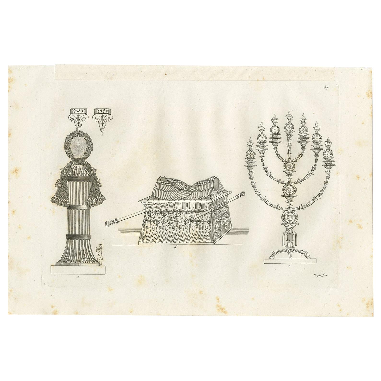 Antique Print of a Candle Holder, Column and Other Objects by Ferrario '1831' For Sale