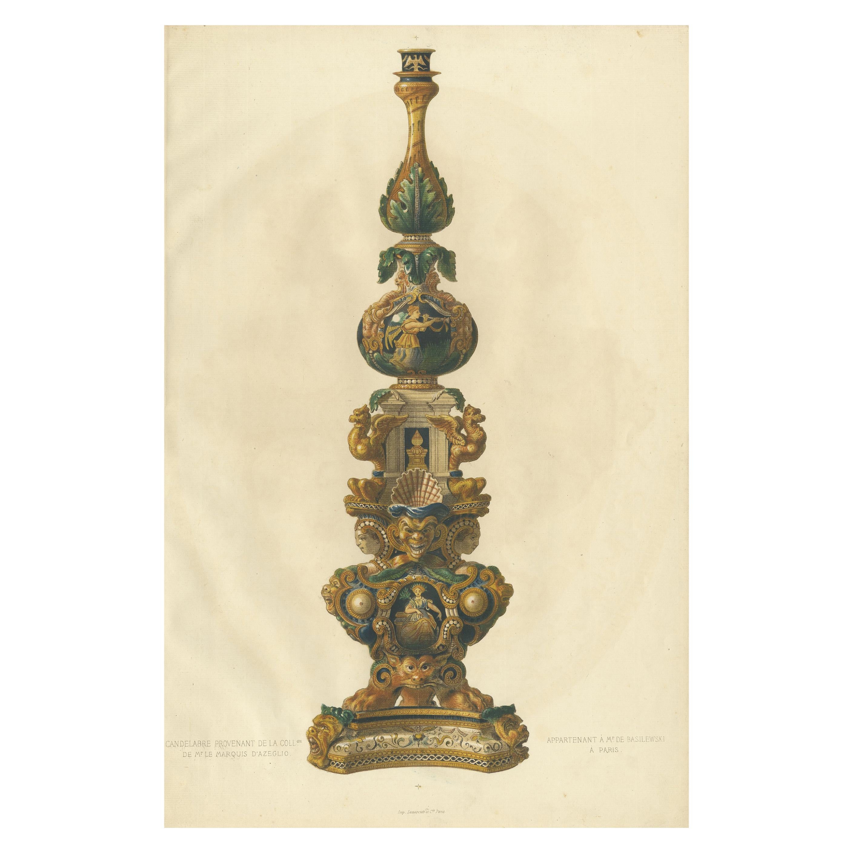 Antique Print of a Candle Holder of Mr. Le Marquis d'Azeglio by Delange '1869' For Sale