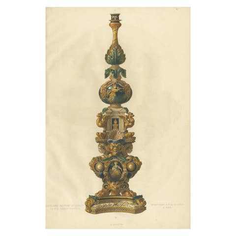 Italian Faience Candelabrum – Antique Decorative Arts Lithograph, 1869