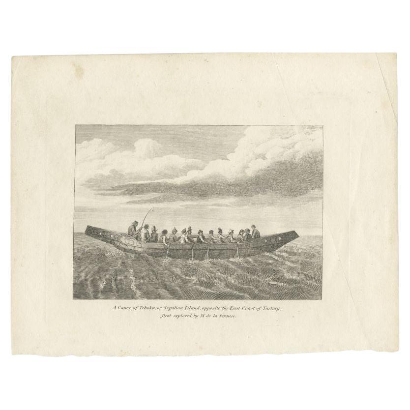 Antique print titled 'A Canoe of Tchoka, or Segalian Island, opposite the East Coast of Tartary first explored by M. de la Perouse'. Engraving of a canoe of Chukotka, Russia. Source unknown, to be determined.

Artists and Engravers: