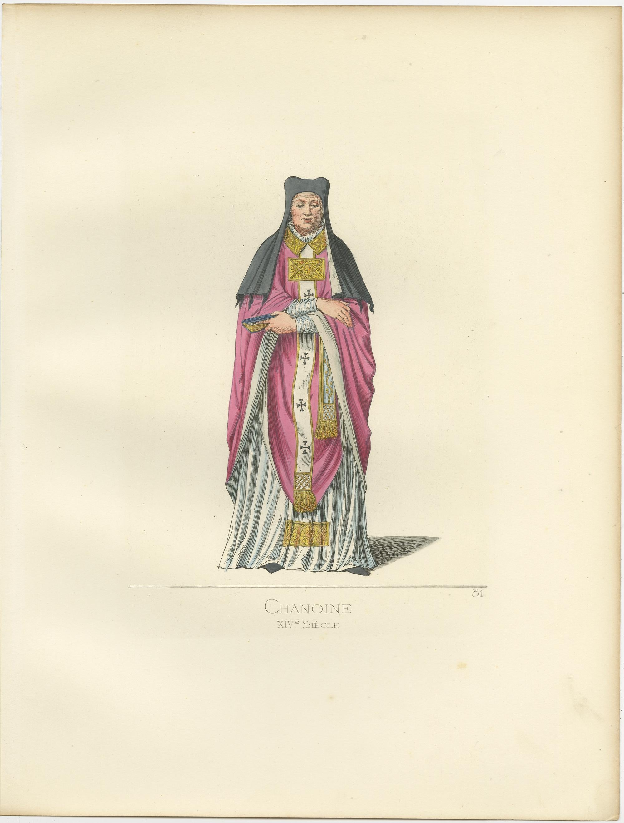 Antique print titled ‘Chanoine, XIVe Siecle.’ Original antique print of a Canon Nun. This print originates from 'Costumes historiques de femmes du XIII, XIV et XV siècle' by C. Bonnard. Published 1860.