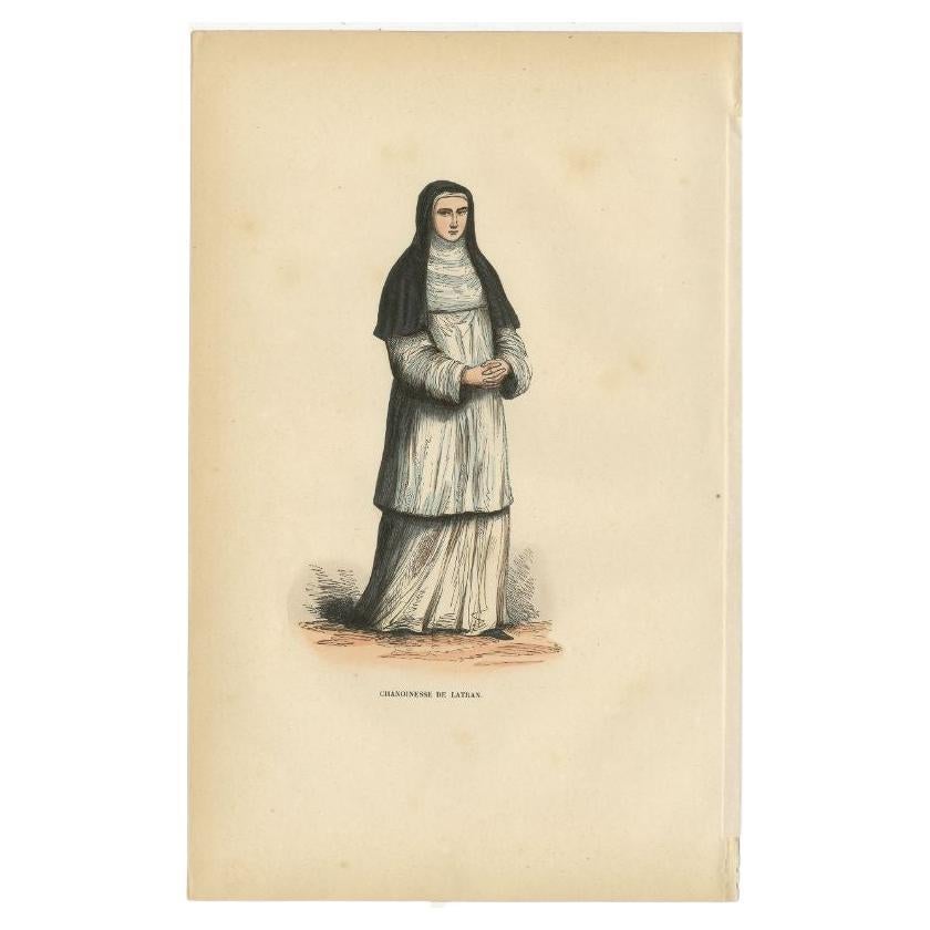 Antique print titled 'Chanoinesse de Latran'. Print of a Canoness of Saint John Lateran. This print originates from 'Histoire et Costumes des Ordres Religieux'.

Artists and Engravers: Author: Abbé Tiron.

Condition: Good, general age-related